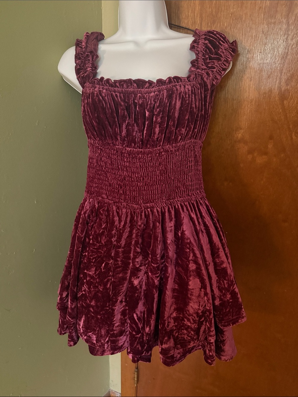 Urban Outfitters Velvet Smocked Mini Dress - Wine Red